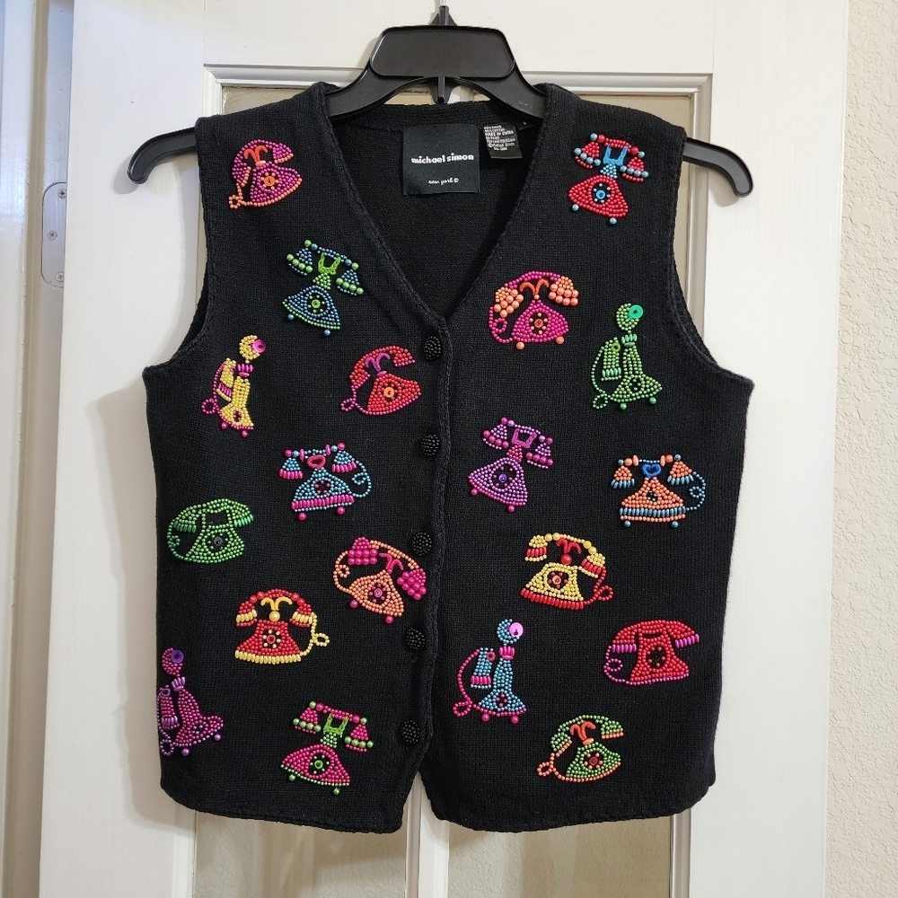 Vintage Michael Simon Beaded Telephone Vest Art Knit Whimsical Y2K READ DESC